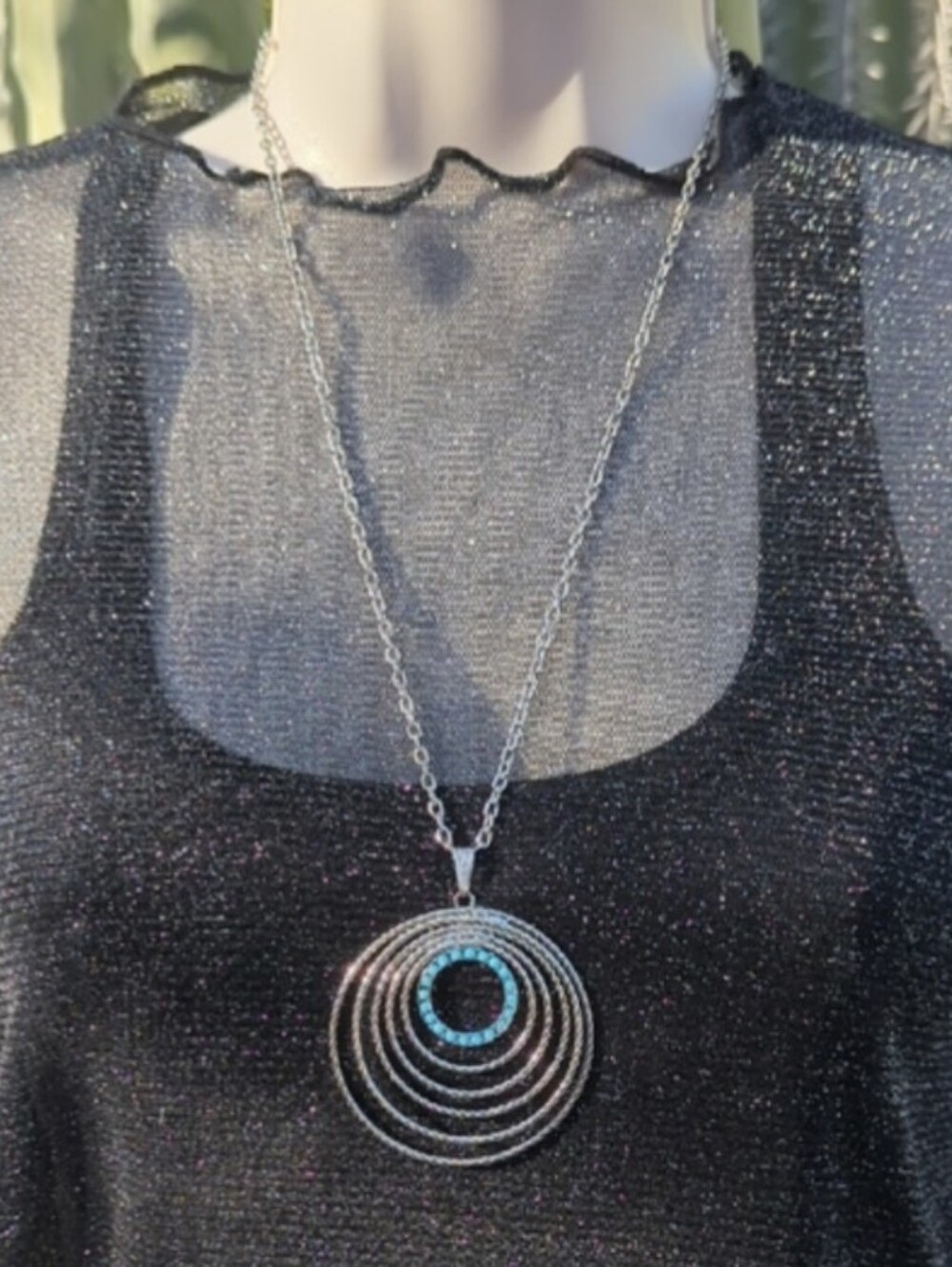 Vintage Park Lane Silver Tone Concentric Circle Necklace - Turquoise Bead Inlay